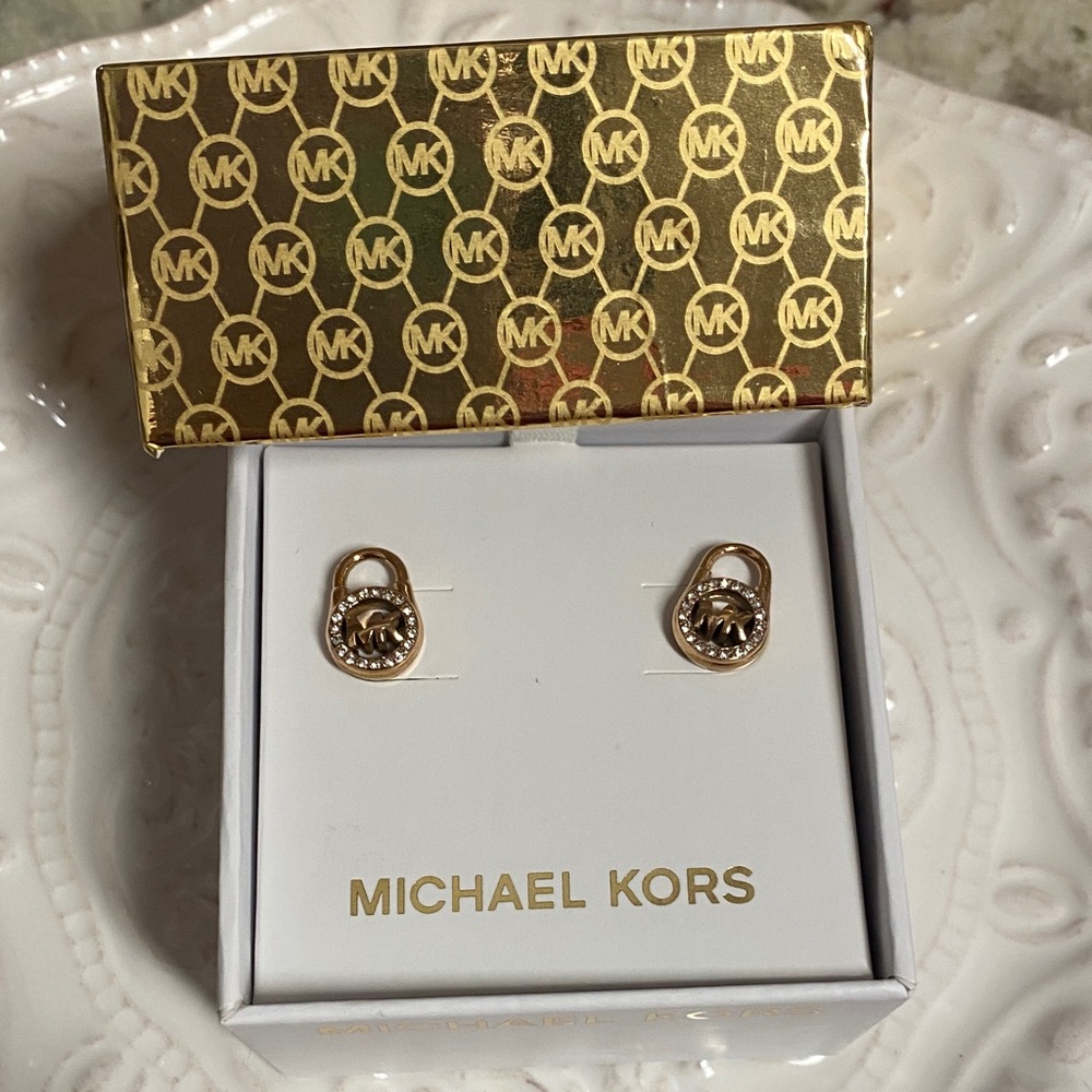 Michael Kors Rose Gold Padlock Logo Crystal Stud Earrings - Picture 6 of 12